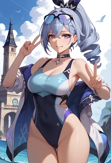 star rail,silver wolf,racerback swimsuit,striped trim,name tag patch  - AI generated anime art